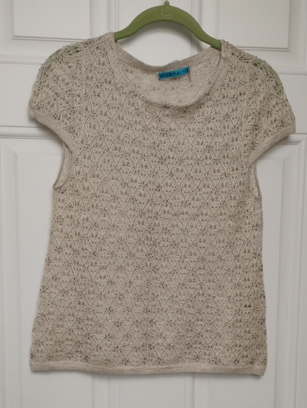 Alice + Olivia Beige Open-Knit Beaded Cap Sleeve Sweater